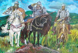 peinture d'une reproduction de trois hros des anciennes tribus slaves, ils sont avec leurs armures  cheval au milieu des steppes