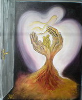 peinture d'une porte ouverte sur un couple en or dans des mains entours par des anges