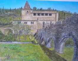 peinture de l'abbaye de saint polycarpe avec son aqueduc mdival