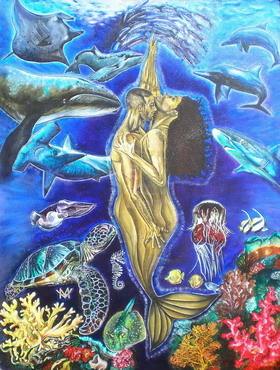 peinture d'un couple enlac sous l'eau entour d'animaux marins
