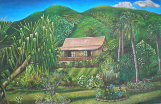 peinture d'un fare-maison au milieu de cocotiers en polynsie franaise