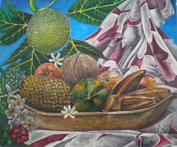 peinture d'une corbeille en bois de fruits exotiques polynsiens