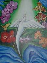 peinture d'un oiseau blanc qui vol vers la lumiere entour par des fleurs