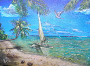 peinture d'une plage de cocotiers d'un motu  Tahaa avec une pirogue  voile polynsienne