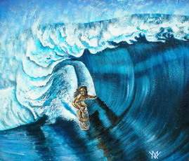 peinture d'un surfeur maohi dans une grande vague de polynsie franaise