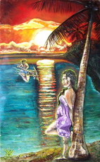 peinture d'une tahitienne le dos contre un cocotier d'un motu  Tahaa avec un pcheur en pirogue dans le lagon au couch de soleil